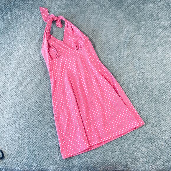 vintage y2k Talbots bubblegum pink/white polka dot halter mini sundress wmns S - Picture 1 of 5